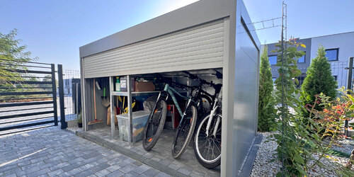 New Knall garden storage, a custom sized box garage for bikes, motorbikes and tools!
